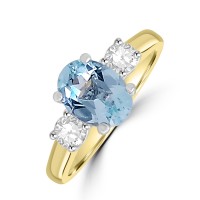 9ct Gold oval Aquamarine and Diamond Three-stone ring
