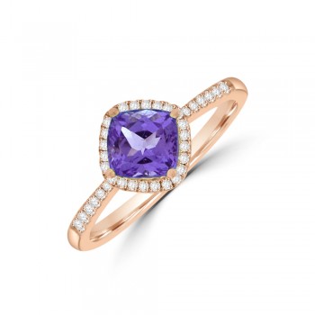 18ct Rose Gold Cushion Tanzanite Diamond Halo Ring