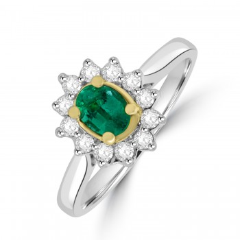 9ct White Gold Emerald and Diamond Oval cluster ring
