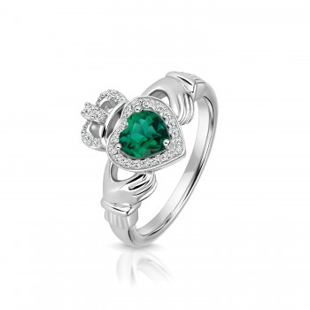 Sterling silver Lab Grown Emerald and Diamond Claddagh ring