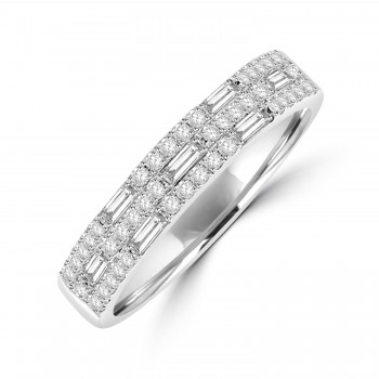 18ct White Gold Three-row Baguette Pave Diamond band ring