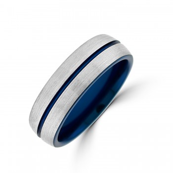 Tungsten Satin and Blue Line Band Ring