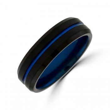 Tungsten Black 7mm Bevelled ring with Blue Line