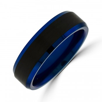 Tungsten Two Tone Black and Blue Bevelled band ring