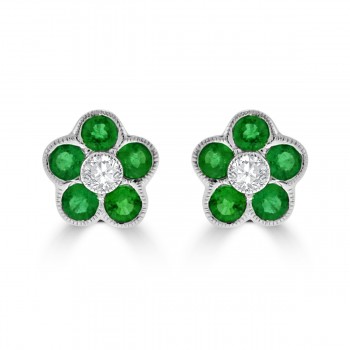 18ct White Gold Emerald & Diamond 5x1 Cluster Stud Earring