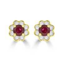 18ct Gold Ruby & Diamond 8x1 Cluster Stud Earrings
