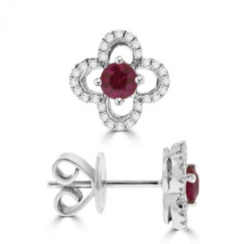 18ct White Gold Ruby & Diamond Floral Earring Studs