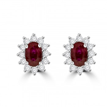 18ct Gold Ruby & Diamond Oval Cluster Stud Earrings