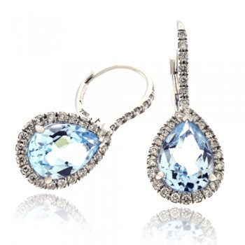 18ct White Gold Blue Topaz Diamond Halo Drop Earrings