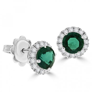 18ct White Gold Emerald Diamond Halo Stud Earrings