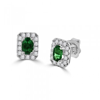 18ct White Gold Emerald & Diamond Halo Stud Earrings
