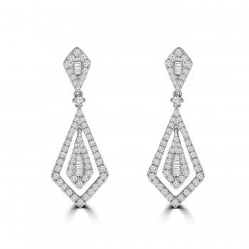 18ct White Gold Baguette Diamond Kite-shaped Drop Earrings
