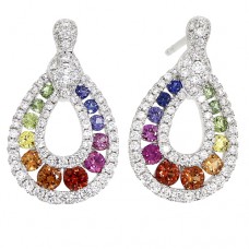 18ct White Gold Rainbow Sapphire Diamond Drop Earrings