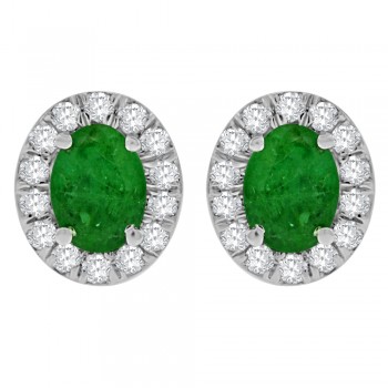 18ct White Gold Emerald & Diamond Oval Cluster Stud Earrings