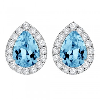 18ct White Gold Pear Aquamarine Diamond Halo Stud Earrings