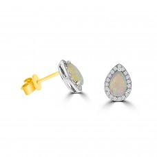 18ct Gold Opal Pear Diamond Halo Stud Earrings