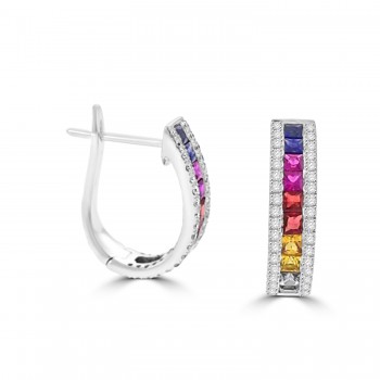 18ct White Gold Rainbow Sapphire & Diamond Hoop Earrings