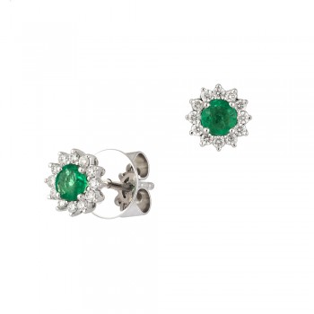 18ct White Gold Emerald & Diamond Round Cluster Stud Earrings