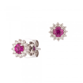 18ct White Gold Ruby & Diamond Round Cluster Stud Earrings