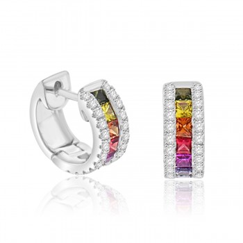 18ct White Gold Rainbow Sapphire & Diamond Hoop Earrings