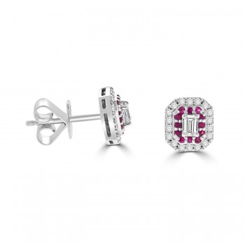 18ct White Gold Ruby and Diamond Cluster Stud Earrings