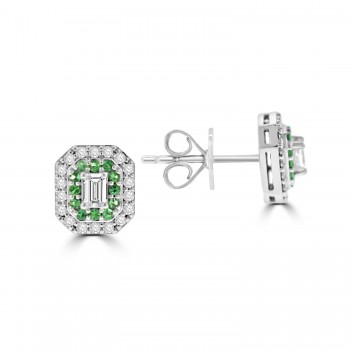 18ct White Gold Emerald and Diamond Art Deco Cluster Earrings