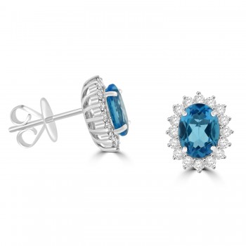 18ct White Gold Blue Topaz Diamond oval cluster stud earrings
