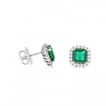 18ct White Gold Cushion Emerald Diamond halo stud earrings