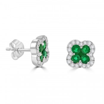 18ct White Gold Emerald and Diamond Clover stud earrings