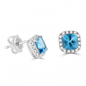 18ct White Gold Blue Topaz Cushion Diamond Halo stud earrings