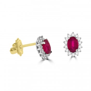 18ct Gold Ruby and Diamond Oval Cluster stud earrings