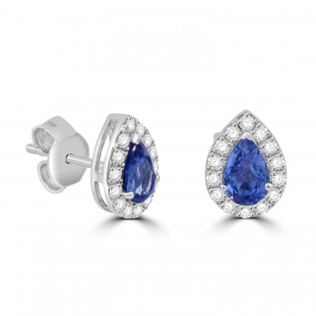 18ct White Gold Pear Sapphire Diamond Halo stud earrings