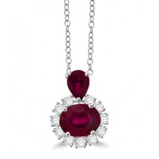 18ct White Gold Pear & Oval Ruby and Diamond Cluster Pendant
