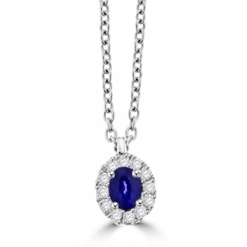 18ct White Gold oval Sapphire & Diamond Halo Pendant Chain