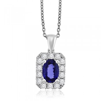 18ct White Gold Sapphire & Diamond Halo Pendant Chain