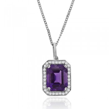18ct White Gold Emerald cut Amethyst Diamond Halo Pendant