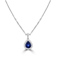 18ct White Gold Pear Sapphire Diamond Halo Pendant