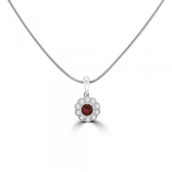 18ct White Gold Ruby Diamond Floral Cluster Pendant