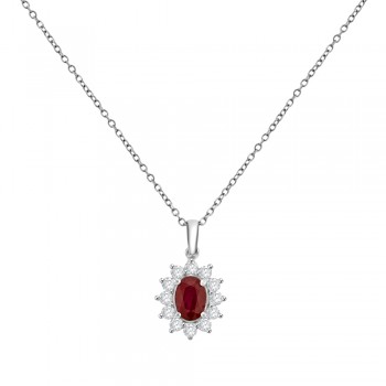 18ct White Gold Ruby & Diamond Oval Cluster Pendant Chain