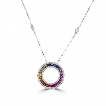 18ct White Gold Rainbow Sapphire & Diamond Circle Pendant Chain