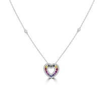 18ct White Gold Rainbow Sapphire & Diamond  Heart Pendant Chain