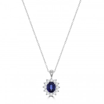18ct White Gold Sapphire and Diamond Oval Cluster Pendant Chain