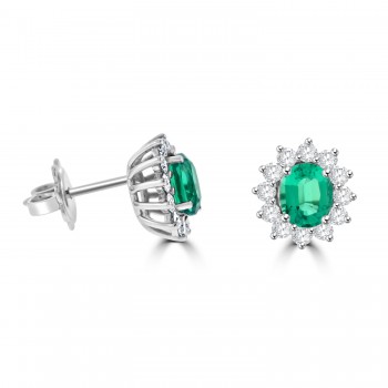 18ct White Gold Emerald and Diamond Oval Cluster Stud Earrings