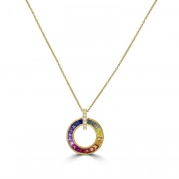 18ct Gold Rainbow Sapphire Diamond Circle Pendant Chain