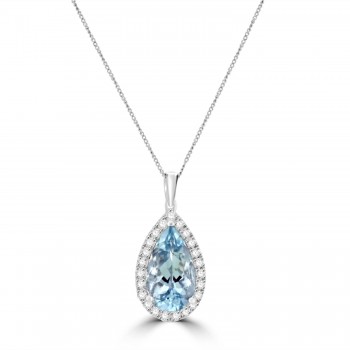 18ct White Gold Aquamarine Pear Diamond Halo pendant chain