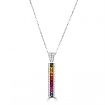 18ct White Gold Three-row Rainbow Sappire Diamond pendant chain