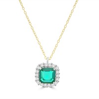 18ct Gold Emerald and Diamond Cushion Halo Pendant chain