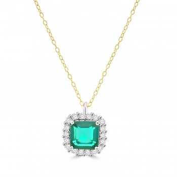 18ct Gold Emerald and Diamond Cushion Halo Pendant chain 18ct Gold Emerald and Diamond Cushion Halo Pendant chain