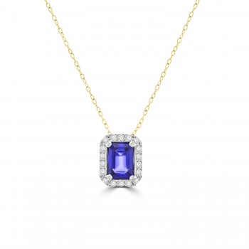 18ct Gold Emerald Cut 1.29ct Sapphire Diamond halo pendant