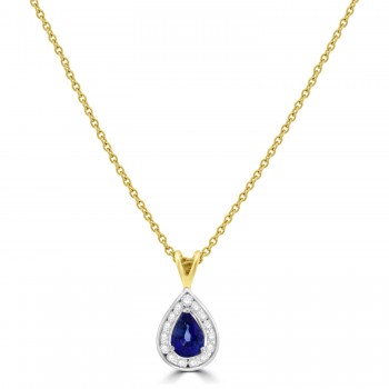 18ct Gold Pear Sapphire Diamond Halo pendant